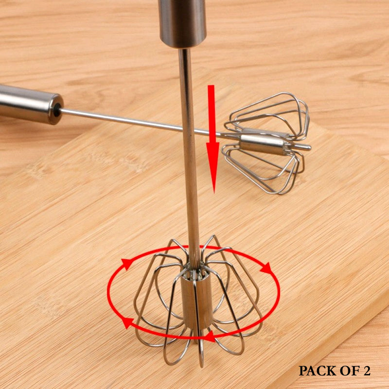 Kitchen Essential (Pack of 2): Stainless Steel Semi-Automatic Hand Whisk Mixer | Coffee, Milk & Cream Frother Tool