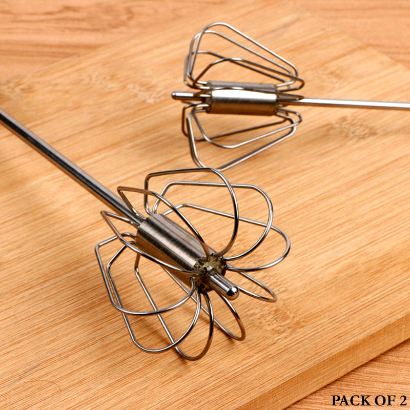 Kitchen Essential (Pack of 2): Stainless Steel Semi-Automatic Hand Whisk Mixer | Coffee, Milk & Cream Frother Tool