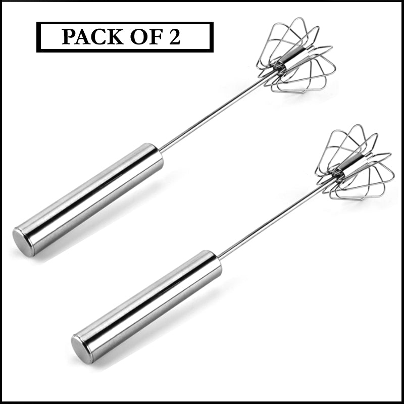 Kitchen Essential (Pack of 2): Stainless Steel Semi-Automatic Hand Whisk Mixer | Coffee, Milk & Cream Frother Tool