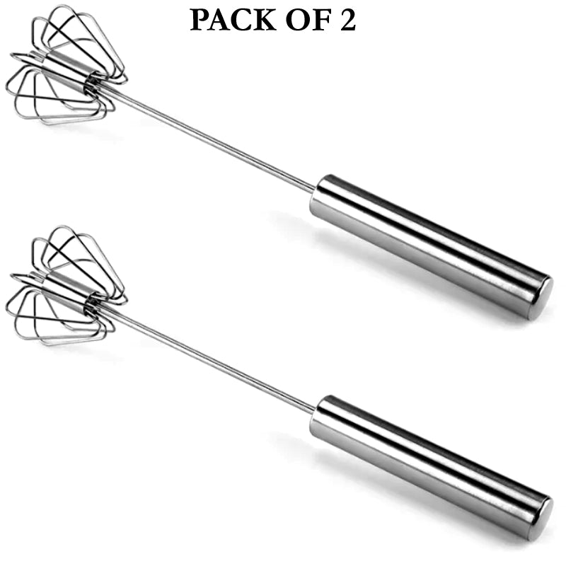 Kitchen Essential (Pack of 2): Stainless Steel Semi-Automatic Hand Whisk Mixer | Coffee, Milk & Cream Frother Tool