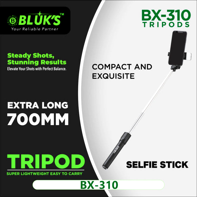 BLUK’S BX-310 Selfie Stick Tripod with Bluetooth Remote & Selfie Light – 700mm Extendable