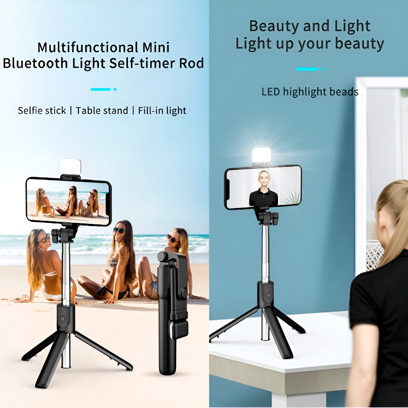 R1S 4-in-1 Wireless Bluetooth Selfie Stick Tripod with LED Fill Light and Detachable Remote, Extendable to 70cm for All Phones, Portable Stand for Live Streaming, Vlogging, and Travel