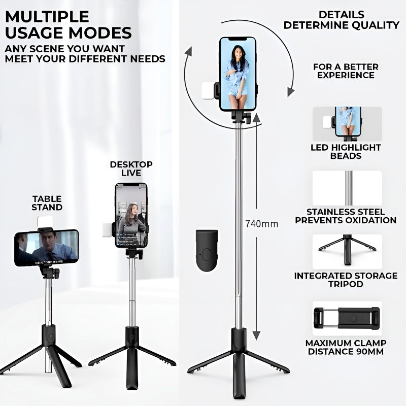 R1S 4-in-1 Wireless Bluetooth Selfie Stick Tripod with LED Fill Light and Detachable Remote, Extendable to 70cm for All Phones, Portable Stand for Live Streaming, Vlogging, and Travel