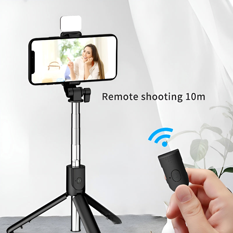R1S 4-in-1 Wireless Bluetooth Selfie Stick Tripod with LED Fill Light and Detachable Remote, Extendable to 70cm for All Phones, Portable Stand for Live Streaming, Vlogging, and Travel