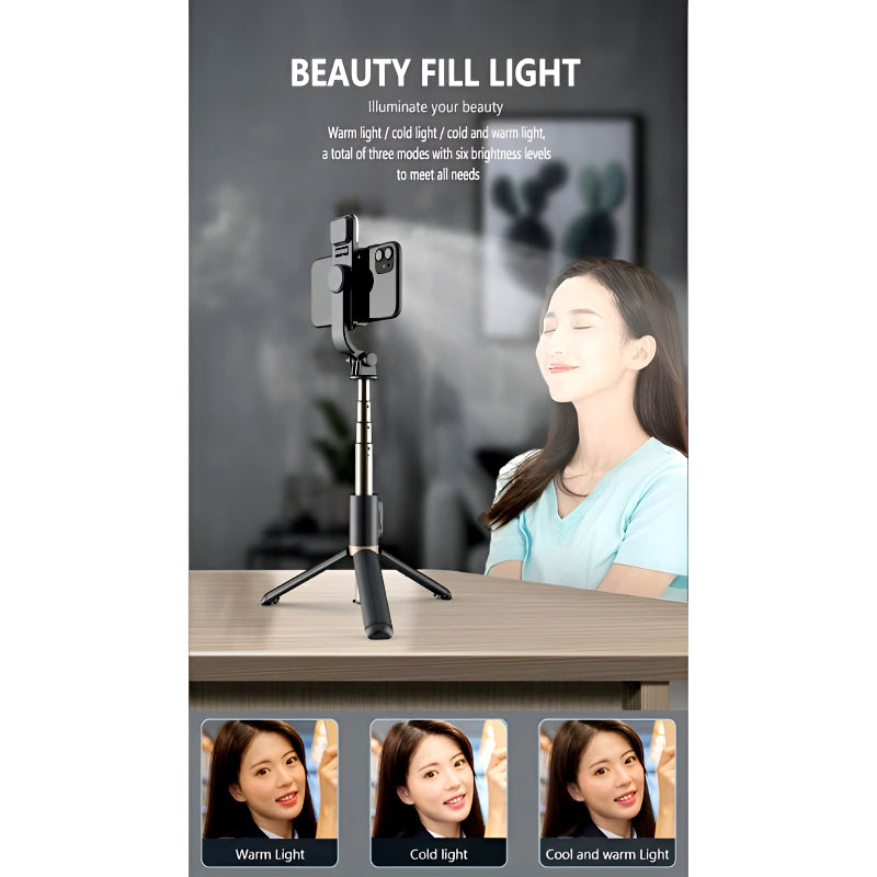 R1S 4-in-1 Wireless Bluetooth Selfie Stick Tripod with LED Fill Light and Detachable Remote, Extendable to 70cm for All Phones, Portable Stand for Live Streaming, Vlogging, and Travel