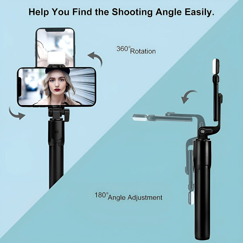 R1S 4-in-1 Wireless Bluetooth Selfie Stick Tripod with LED Fill Light and Detachable Remote, Extendable to 70cm for All Phones, Portable Stand for Live Streaming, Vlogging, and Travel
