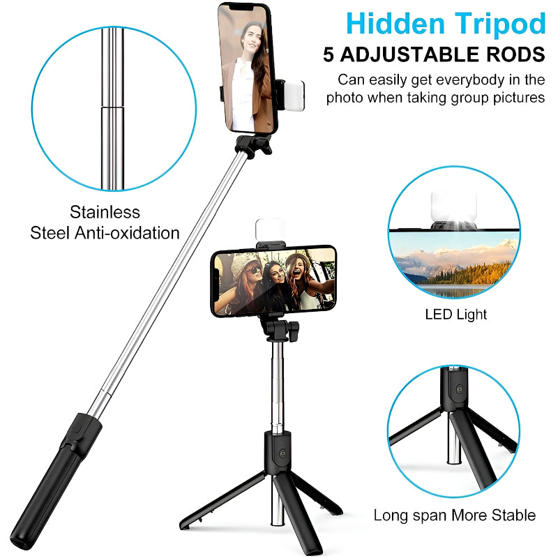 R1S 4-in-1 Wireless Bluetooth Selfie Stick Tripod with LED Fill Light and Detachable Remote, Extendable to 70cm for All Phones, Portable Stand for Live Streaming, Vlogging, and Travel