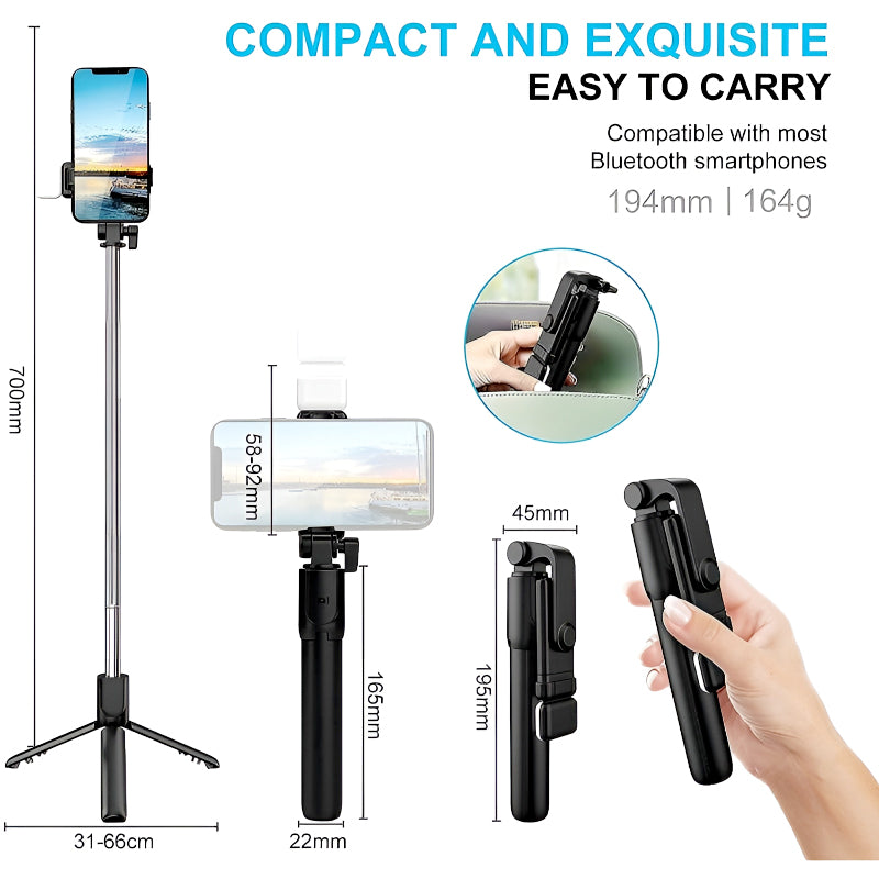 R1S 4-in-1 Wireless Bluetooth Selfie Stick Tripod with LED Fill Light and Detachable Remote, Extendable to 70cm for All Phones, Portable Stand for Live Streaming, Vlogging, and Travel