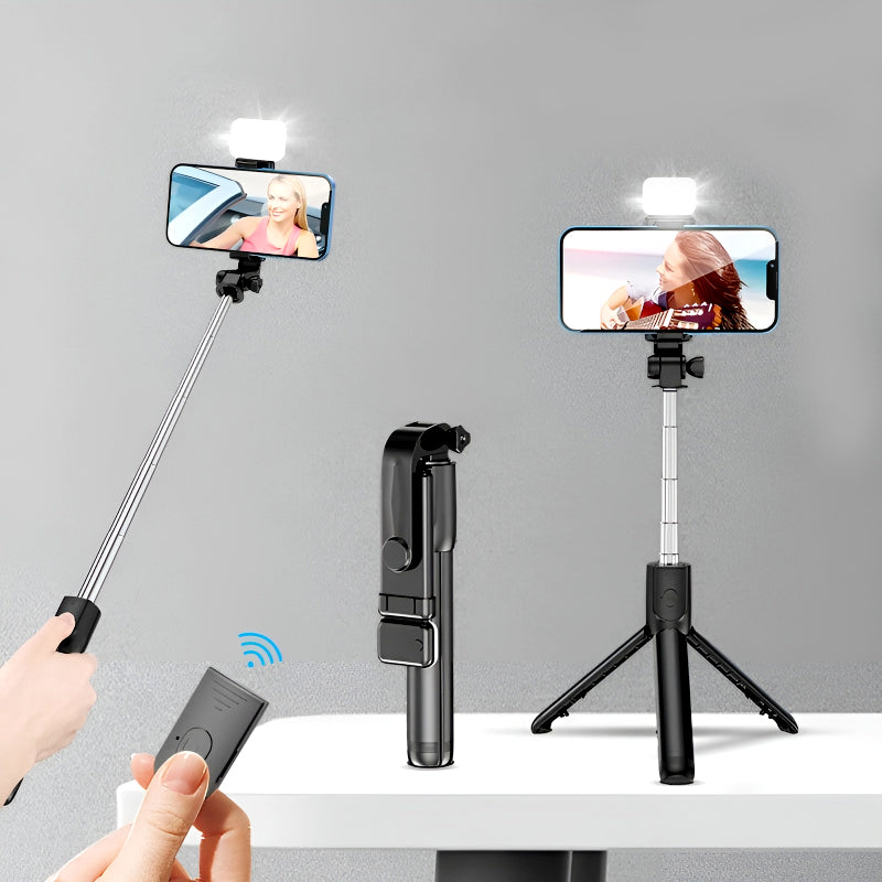 R1S 4-in-1 Wireless Bluetooth Selfie Stick Tripod with LED Fill Light and Detachable Remote, Extendable to 70cm for All Phones, Portable Stand for Live Streaming, Vlogging, and Travel