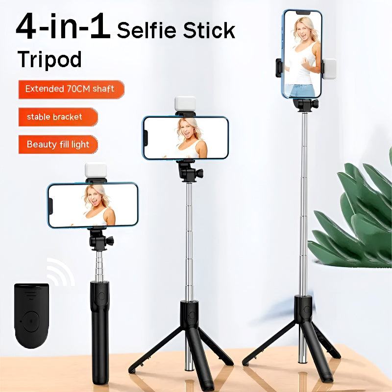 R1S 4-in-1 Wireless Bluetooth Selfie Stick Tripod with LED Fill Light and Detachable Remote, Extendable to 70cm for All Phones, Portable Stand for Live Streaming, Vlogging, and Travel