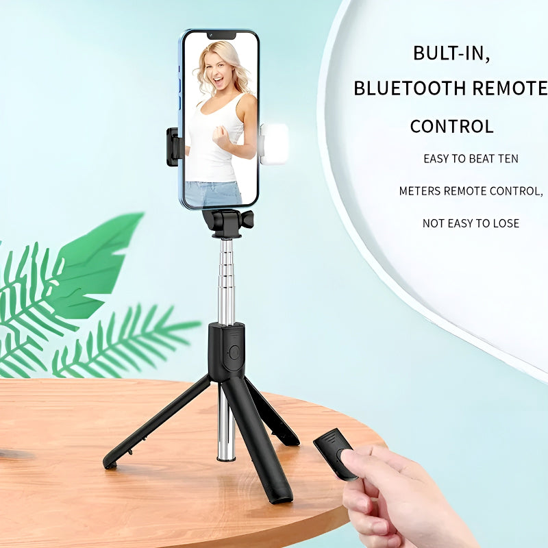 R1S 4-in-1 Wireless Bluetooth Selfie Stick Tripod with LED Fill Light and Detachable Remote, Extendable to 70cm for All Phones, Portable Stand for Live Streaming, Vlogging, and Travel
