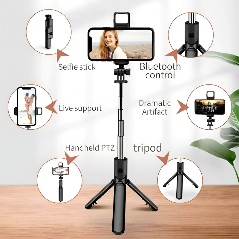 R1S 4-in-1 Wireless Bluetooth Selfie Stick Tripod with LED Fill Light and Detachable Remote, Extendable to 70cm for All Phones, Portable Stand for Live Streaming, Vlogging, and Travel