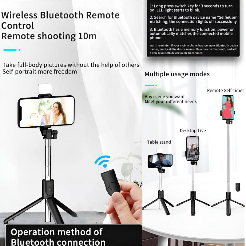 R1S 4-in-1 Wireless Bluetooth Selfie Stick Tripod with LED Fill Light and Detachable Remote, Extendable to 70cm for All Phones, Portable Stand for Live Streaming, Vlogging, and Travel