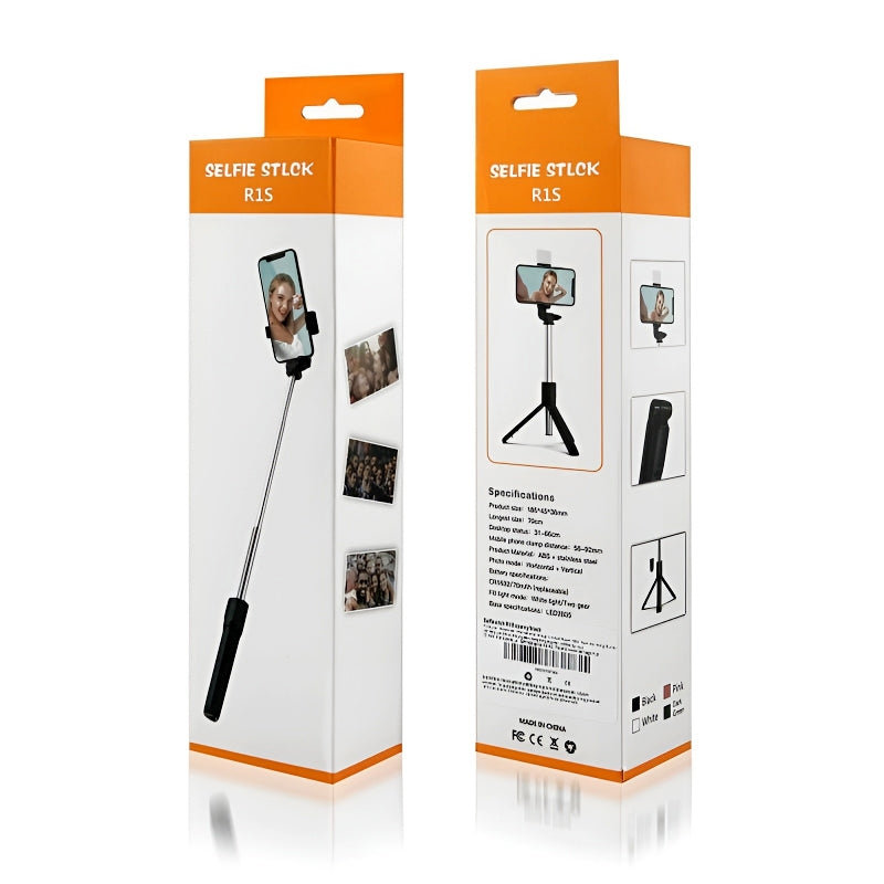 R1S 4-in-1 Wireless Bluetooth Selfie Stick Tripod with LED Fill Light and Detachable Remote, Extendable to 70cm for All Phones, Portable Stand for Live Streaming, Vlogging, and Travel