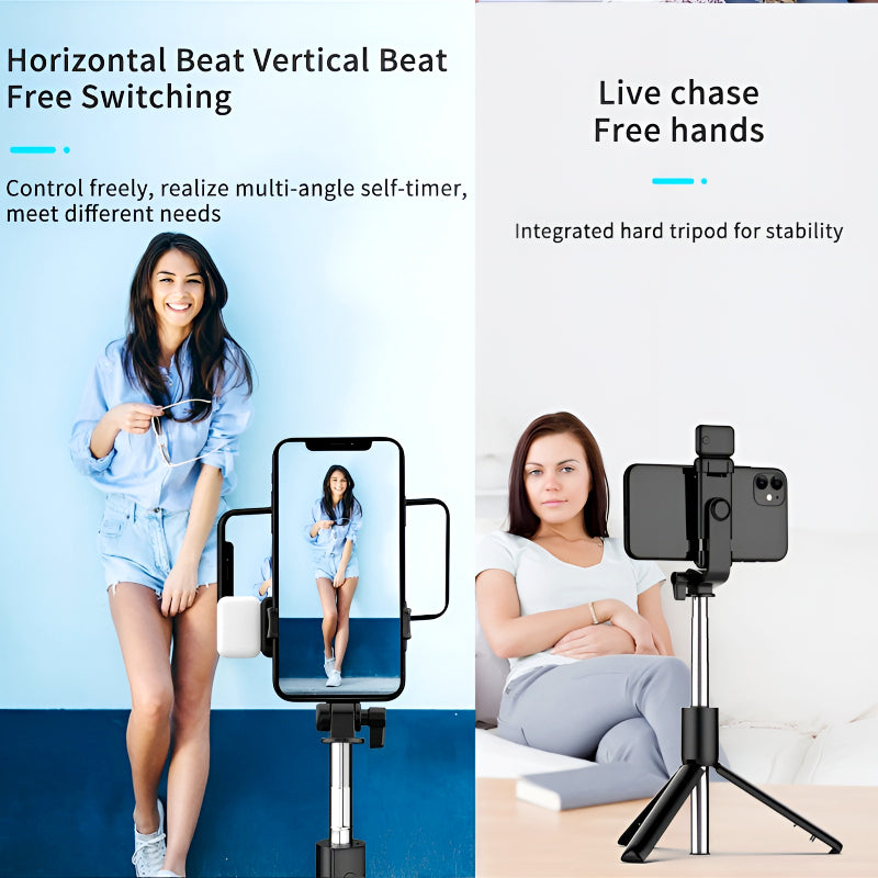 R1S 4-in-1 Wireless Bluetooth Selfie Stick Tripod with LED Fill Light and Detachable Remote, Extendable to 70cm for All Phones, Portable Stand for Live Streaming, Vlogging, and Travel