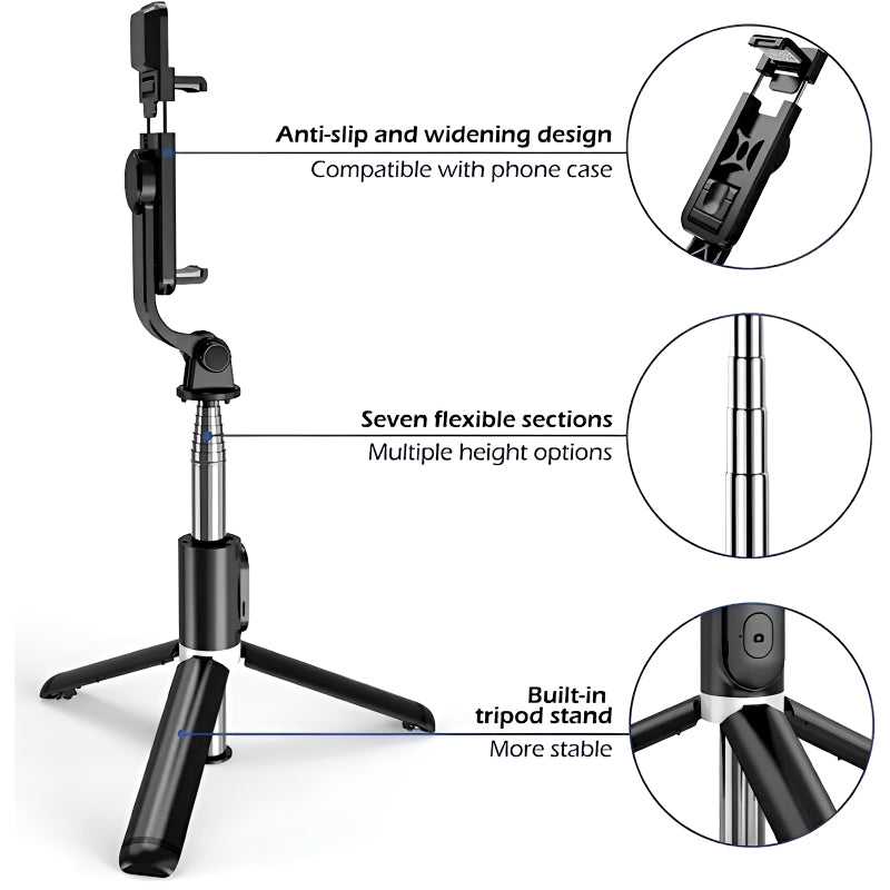 R1S 4-in-1 Wireless Bluetooth Selfie Stick Tripod with LED Fill Light and Detachable Remote, Extendable to 70cm for All Phones, Portable Stand for Live Streaming, Vlogging, and Travel