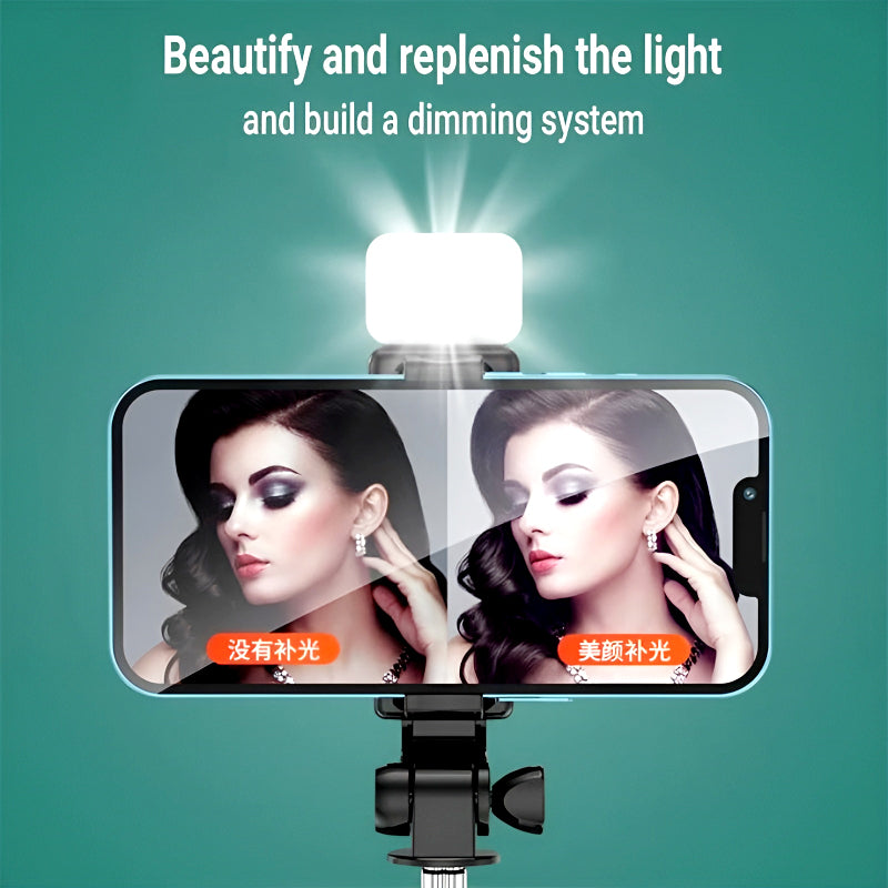 R1S 4-in-1 Wireless Bluetooth Selfie Stick Tripod with LED Fill Light and Detachable Remote, Extendable to 70cm for All Phones, Portable Stand for Live Streaming, Vlogging, and Travel